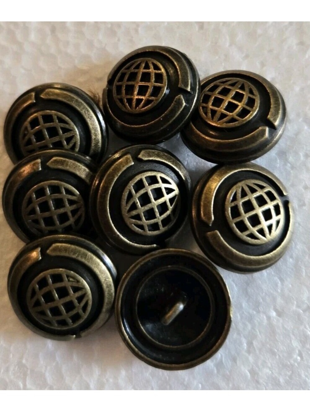 8 Antiqued Brasstone Black Accent Domed Metal Shank Buttons .75" Coats?